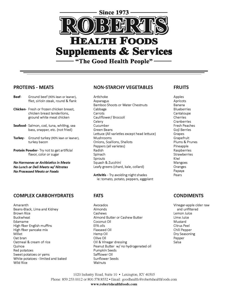 Nutritional Diet List Roberts Health Foods